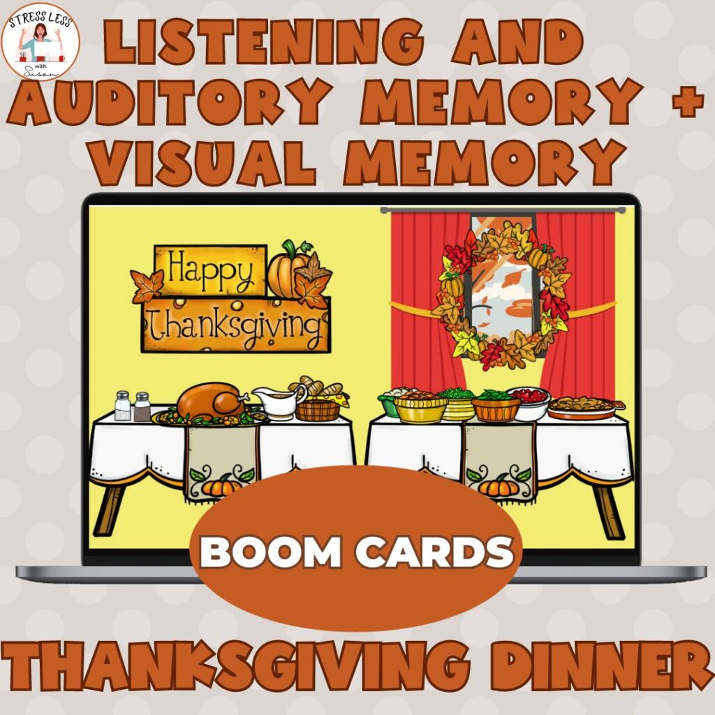 Auditory and visual working memory digital Boom card game for Thanksgiving 