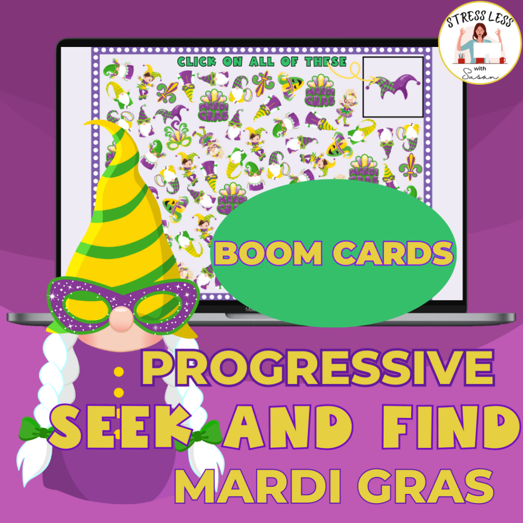 progressive difficulty seek and find digital activity for Mardi Gras